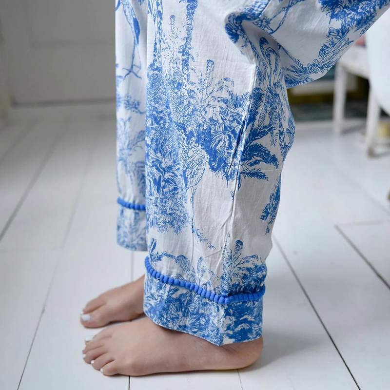 Powell Craft Blue & White Safari Toile De Jouy Pyjamas SN453S detail trousers