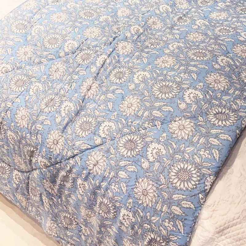 Powell Craft Cornflower Blue Floral Print Double Quilted Throw Q448 lifestyle