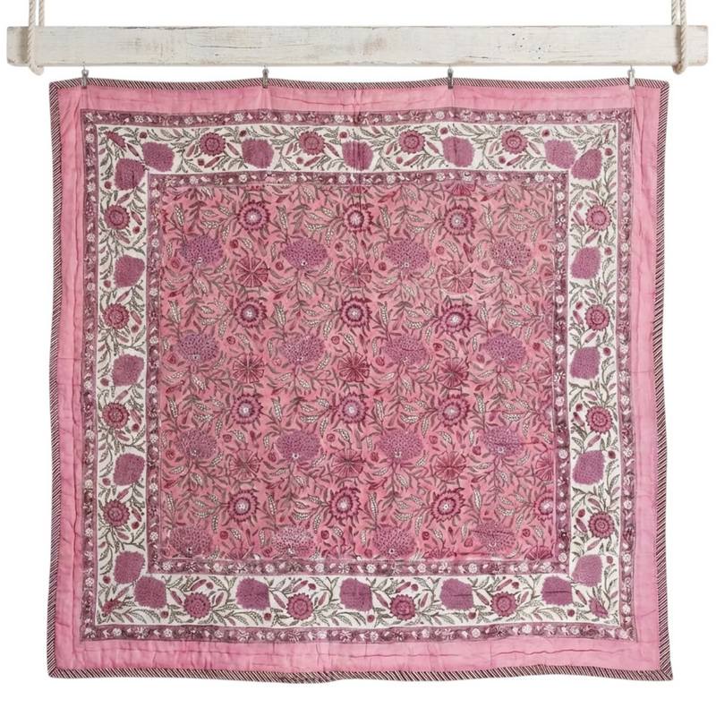 Powell Craft Dark Rose and Cream Floral Queen Quilted Throw Q1120 front
