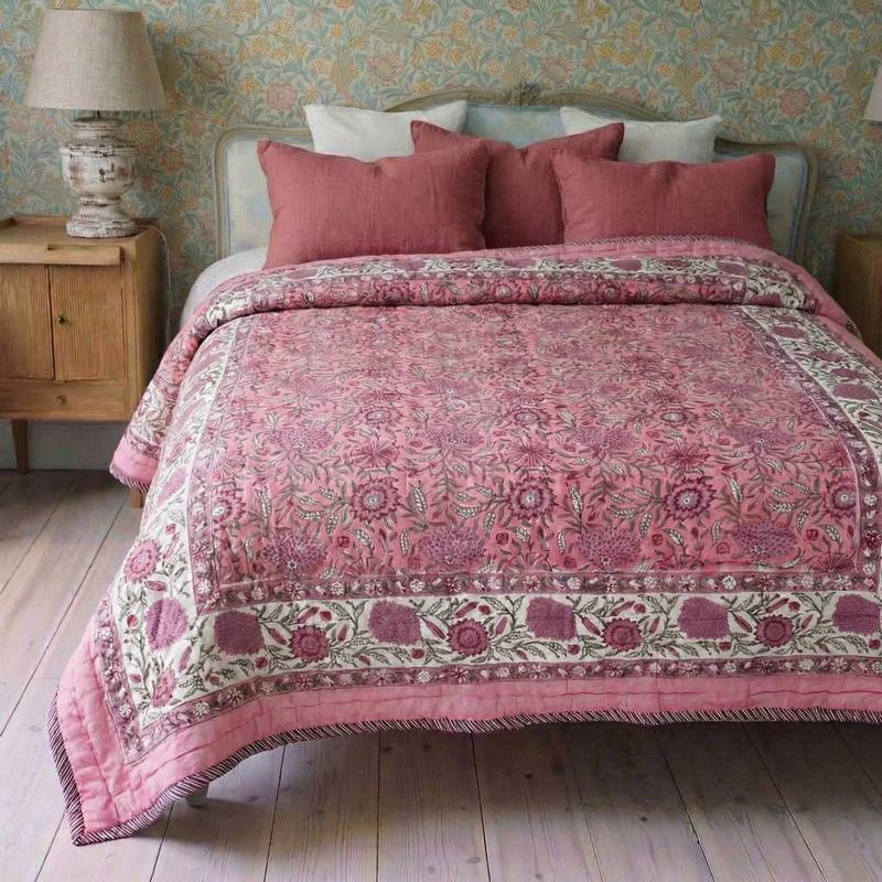 Powell Craft Dark Rose and Cream Floral Queen Quilted Throw Q1120 lifestyle front