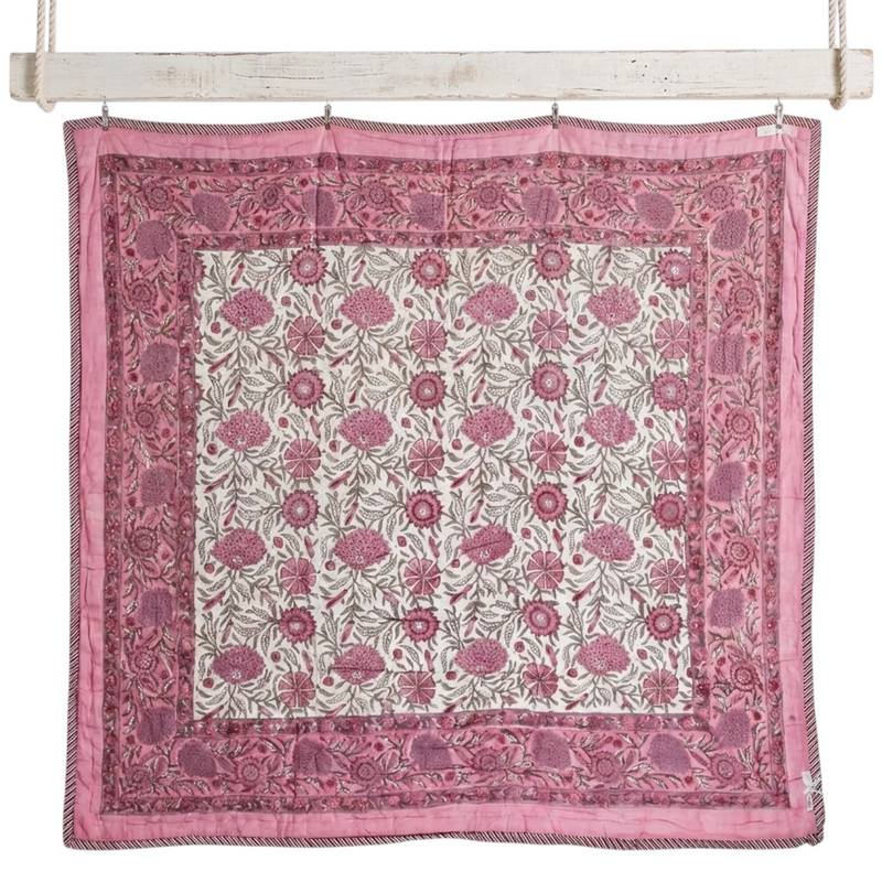 Powell Craft Dark Rose and Cream Floral Queen Quilted Throw Q1120 rear