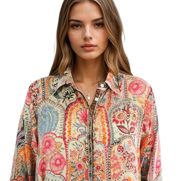 Powell Craft Elora Floral Print Shirt Dress NSDQ890 on model close-up