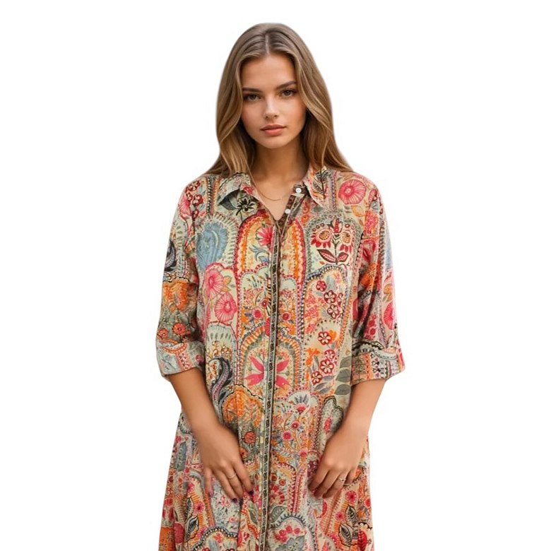 Powell Craft Elora Floral Print Shirt Dress NSDQ890 on model front
