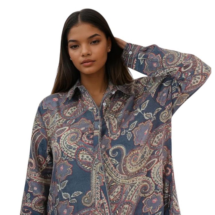 Powell Craft Flora Floral Paisley Print Shirt Dress One Size NSDQ893 on model close-up