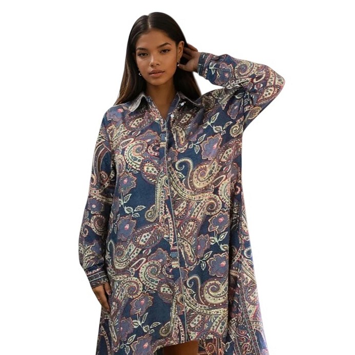Powell Craft Flora Floral Paisley Print Shirt Dress One Size NSDQ893 on model front