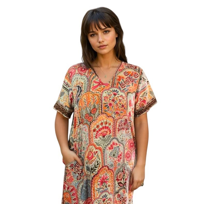 Powell Craft Floral Print Long Shirt Dip Hem One Size NSV890 on model close-up