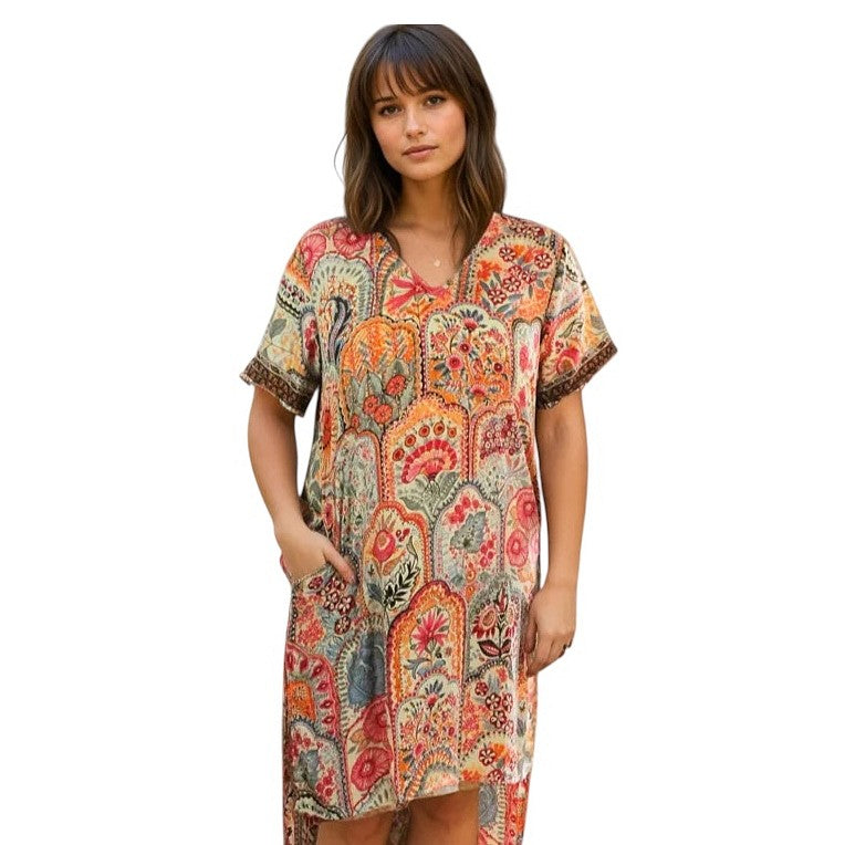 Powell Craft Floral Print Long Shirt Dip Hem One Size NSV890 on model front