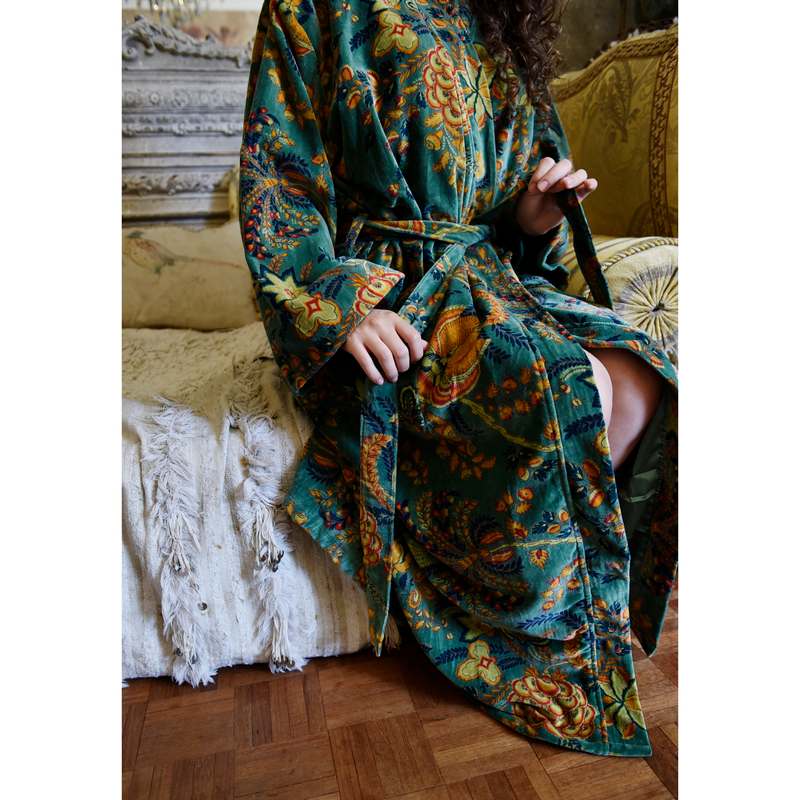 Powell Craft Green Velvet Floral Dressing Gown VDG865 on model detail