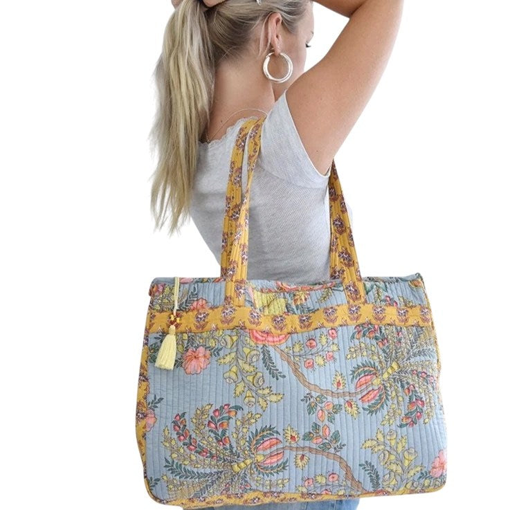 Powell Craft Grey Coral and Mustard Quilted Tote Bag with Zip QUSB1 on model