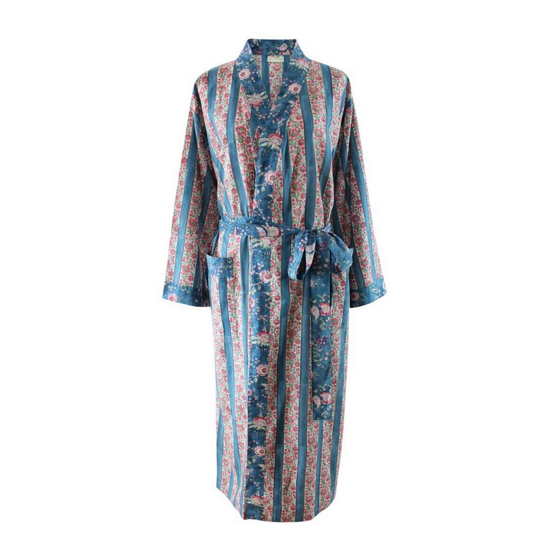Powell Craft Inky Blue, Pink & Green Mixed Floral & Stripy Dressing Gown DG457 front
