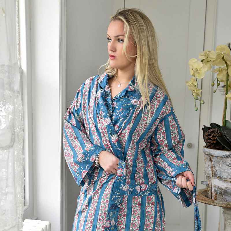 Powell Craft Inky Blue, Pink & Green Mixed Floral & Stripy Dressing Gown DG457 model
