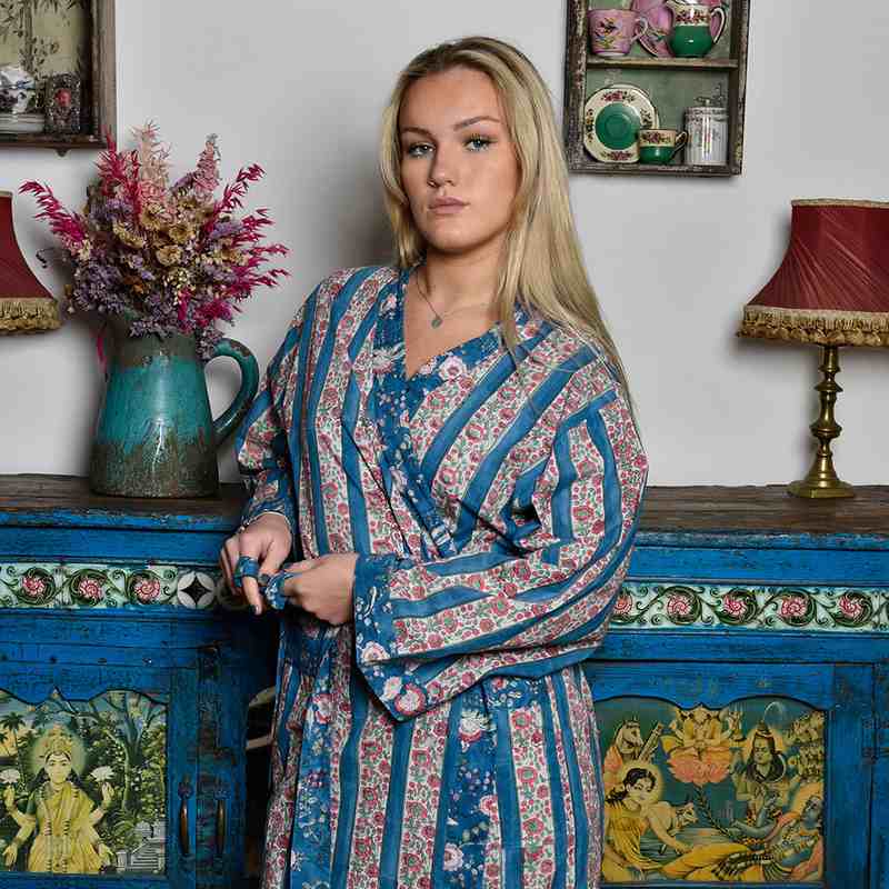 Powell Craft Inky Blue, Pink & Green Mixed Floral & Stripy Dressing Gown DG457 model