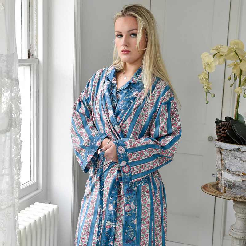 Powell Craft Inky Blue, Pink & Green Mixed Floral & Stripy Dressing Gown DG457 model