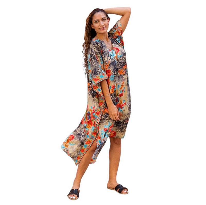 Powell Craft Maeve Floral Print V Neck Kaftan One Size on model front