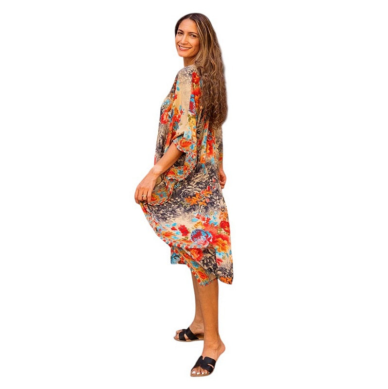 Powell Craft Maeve Floral Print V Neck Kaftan One Size on model side