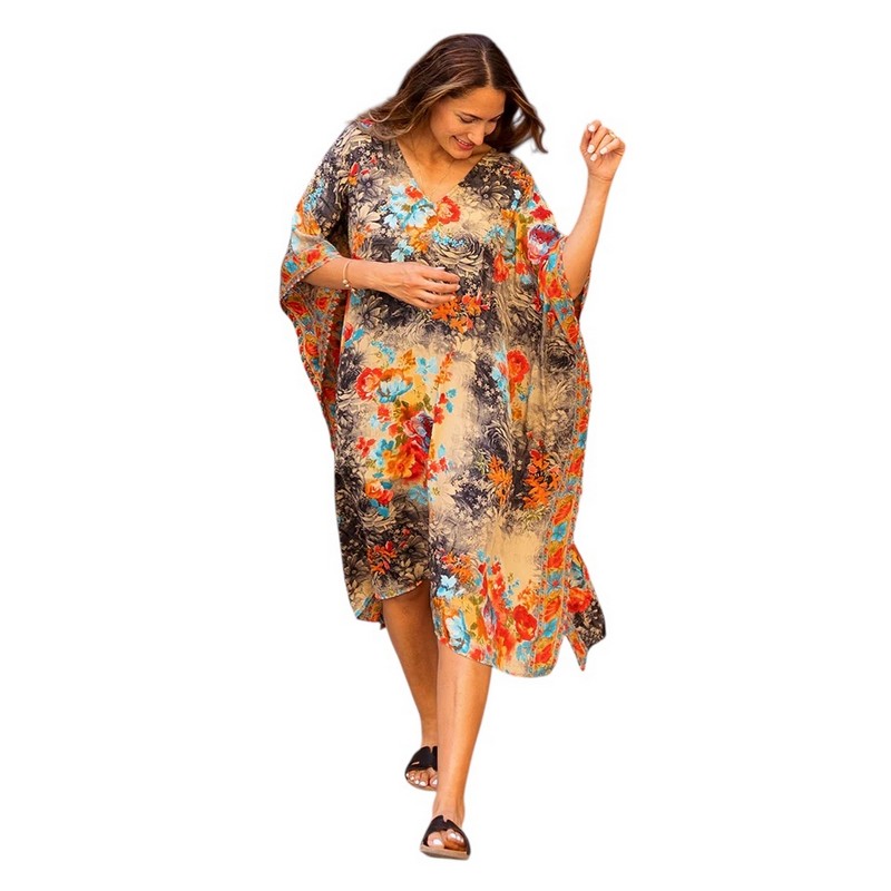Powell Craft Maeve Floral Print V Neck Kaftan One Size on model walking