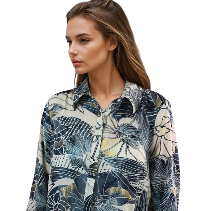 Powell Craft Maren Floral Print Shirt Dress One Size NSDQ891 on model close-up