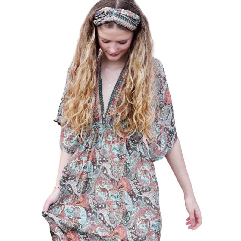 Powell Craft Nova V-Neck Batwing Paisley Dress DRV674 on model 2 close-up