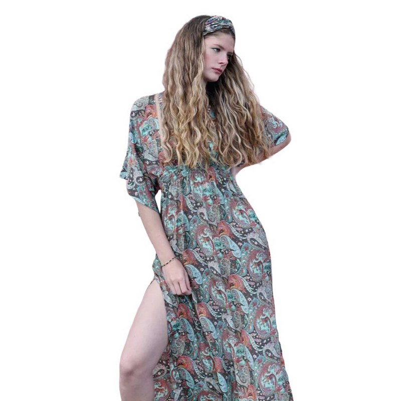 Powell Craft Nova V-Neck Batwing Paisley Dress DRV674 on model front