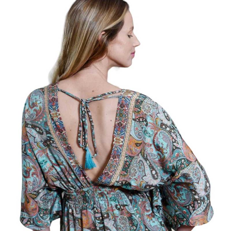 Powell Craft Nova V-Neck Batwing Paisley Dress DRV674 on model rear