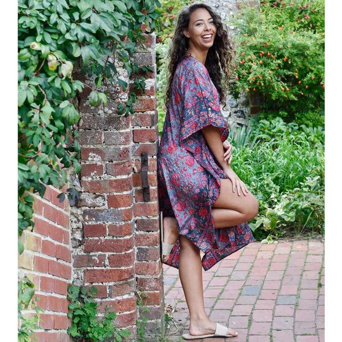 Powell Craft Paloma Floral Print Round Neck Kaftan One Size NSK712 on model lifestyle side