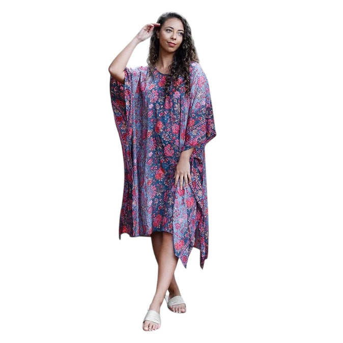 Powell Craft Paloma Floral Print Round Neck Kaftan One Size NSK712 on model main
