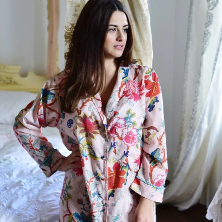 Powell Craft Pink Exotic Flower Ladies Nightshirt NS17 on model close-up