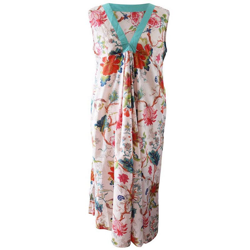 Powell Craft Pink Exotic Flower V-neck Cotton Dress DRB17 front
