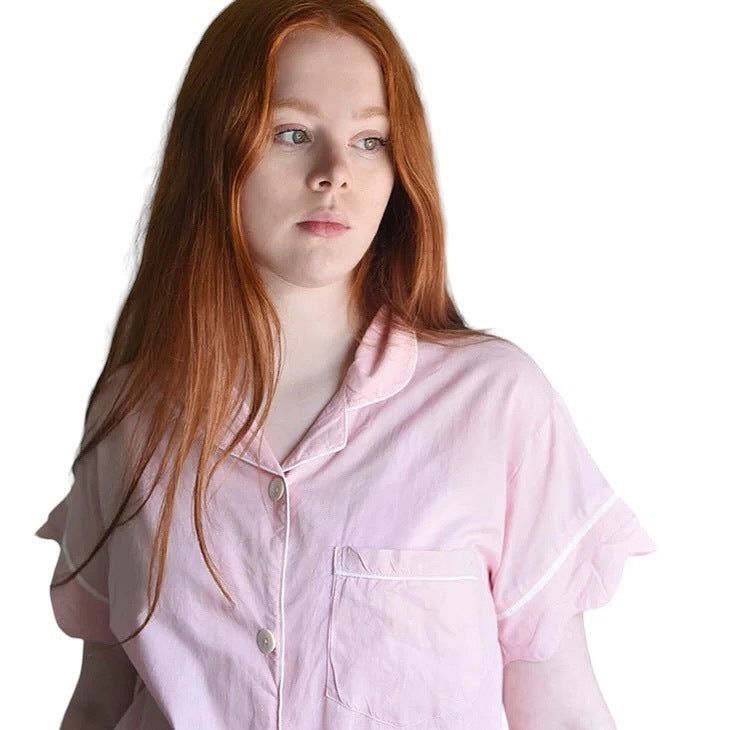 Powell Craft Scalloped Edge Ladies Short Pyjamas Pink SN169PK on model close-up
