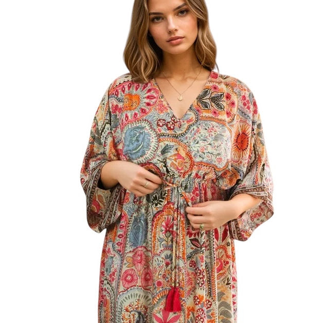 Powell Craft Teagan Floral Print Batwing Dress One Size DRVB890 on model close-up