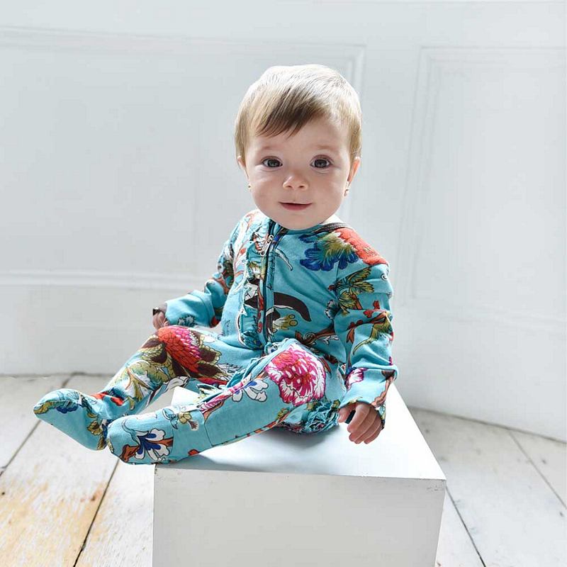 Teal Exotic Flower Baby Jumpsuit With Zip