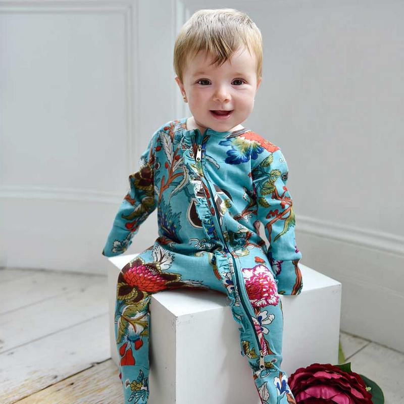 Teal Exotic Flower Baby Jumpsuit With Zip