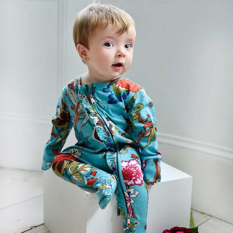 Teal Exotic Flower Baby Jumpsuit With Zip