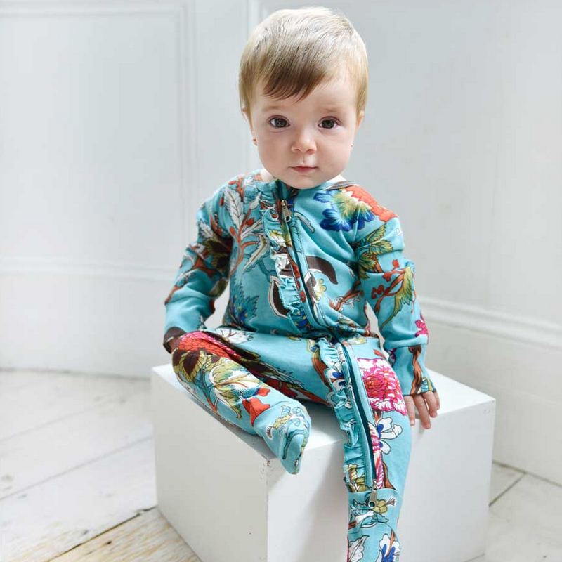 Teal Exotic Flower Baby Jumpsuit With Zip