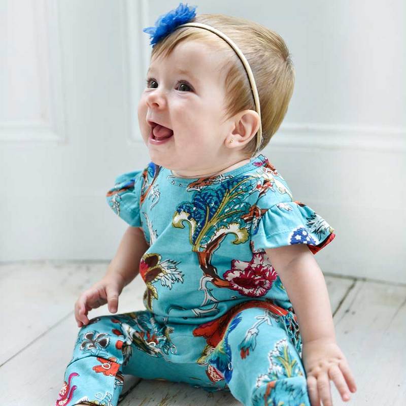 Powell Craft Teal Exotic Flower Short Sleeve Jumpsuit JS8415 model