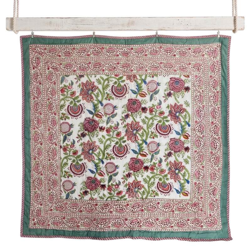 Powell Craft Turquoise Burgundy & White Floral Quilted Throw Q1118 hanging front