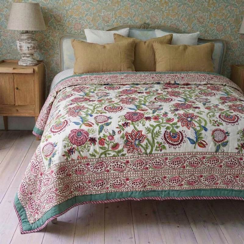 Powell Craft Turquoise Burgundy & White Floral Quilted Throw Q1118 lifestyle front
