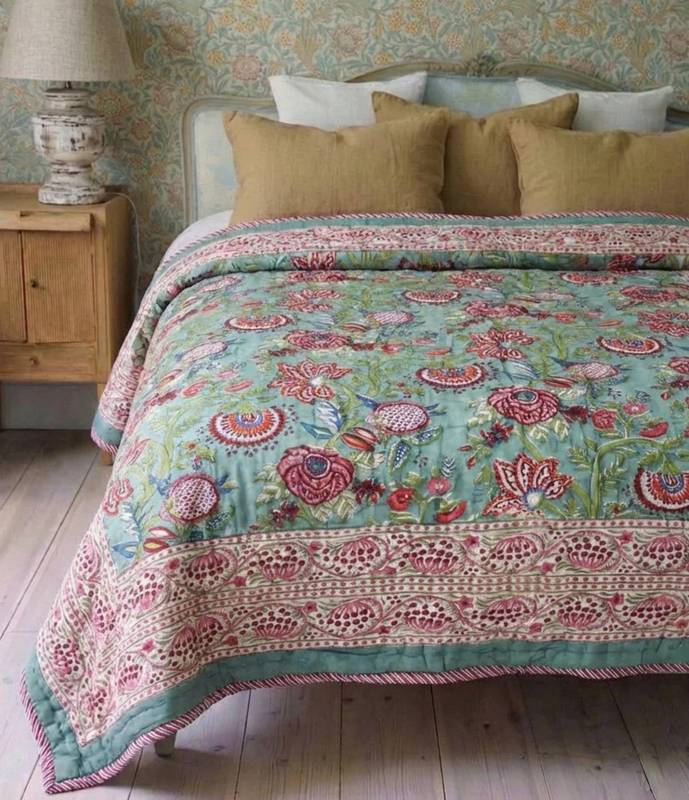 Powell Craft Turquoise Burgundy & White Floral Quilted Throw Q1118 lifestyle reverse