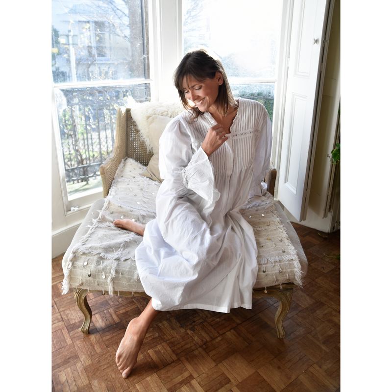 Powell Craft Anna Long-sleeve Cotton Nightdress SN209 on model on chair