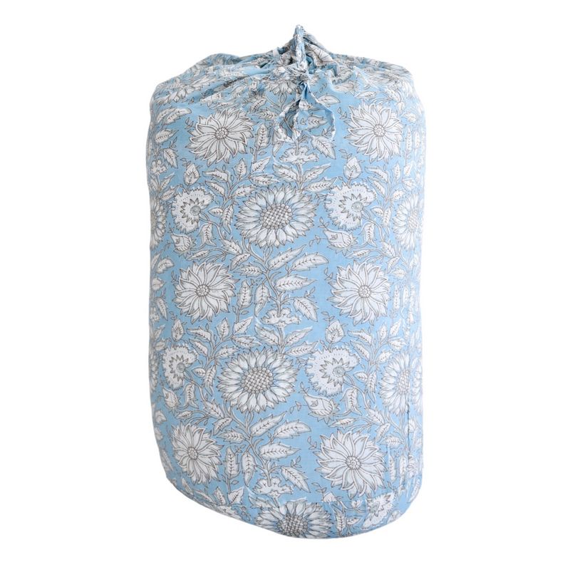 Powell Craft Cornflower Blue Floral Print Double Quilted Throw Q448 in bag