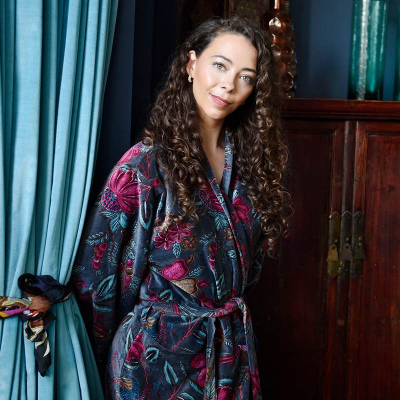 Powell Craft Grey Velvet Fruit Bird Dressing Gown VDG421 on model close-up