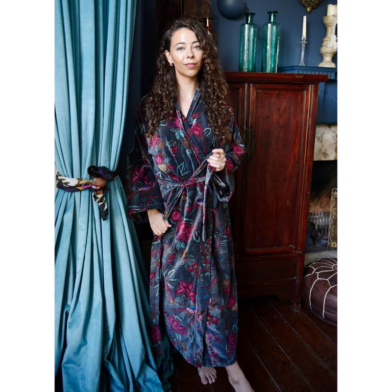 Powell Craft Grey Velvet Fruit Bird Dressing Gown VDG421 on model front