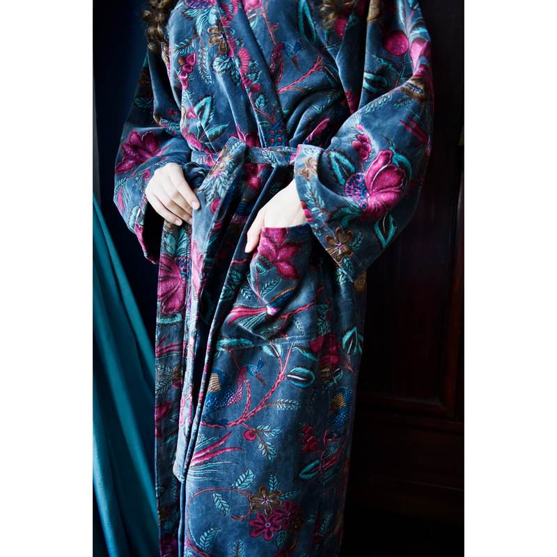 Powell Craft Grey Velvet Fruit Bird Dressing Gown VDG421 on model pocket detail