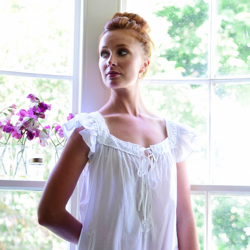 Powell Craft Margo Capped Sleeves Cotton Nightdress SN207 on model detail