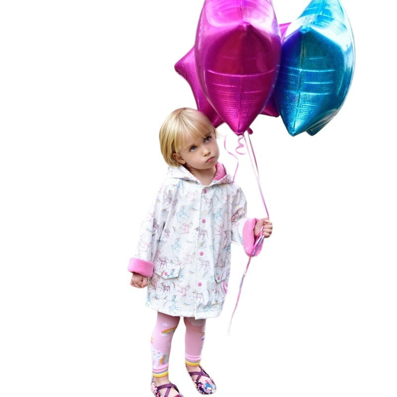 Powell Craft Unicorn Print Rain Mac RMUN on girl with balloons