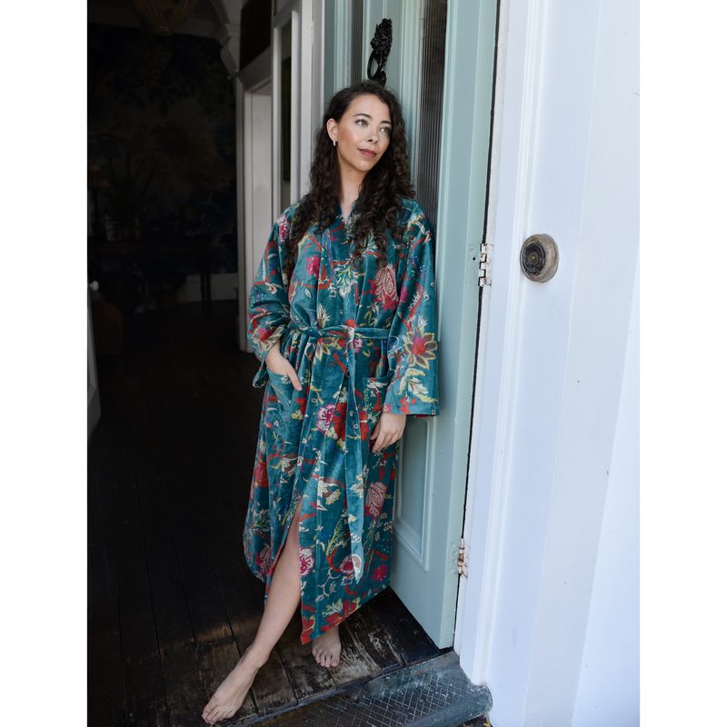Powell Craft Velvet Teal Exotic Flower Dressing Gown With Satin Lining VDG415 on model front