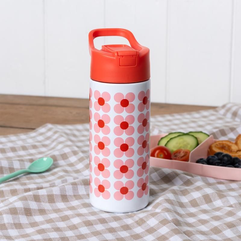 Rex International Stainless Steel Drinking Bottle with Push Button Pink Daisy 30966 lifestyle
