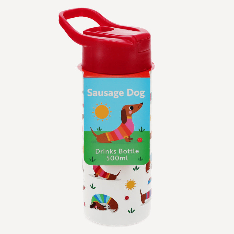 Rex London Stainless Steel Drinking Bottle with Push Button Sausage Dog 30964 with label