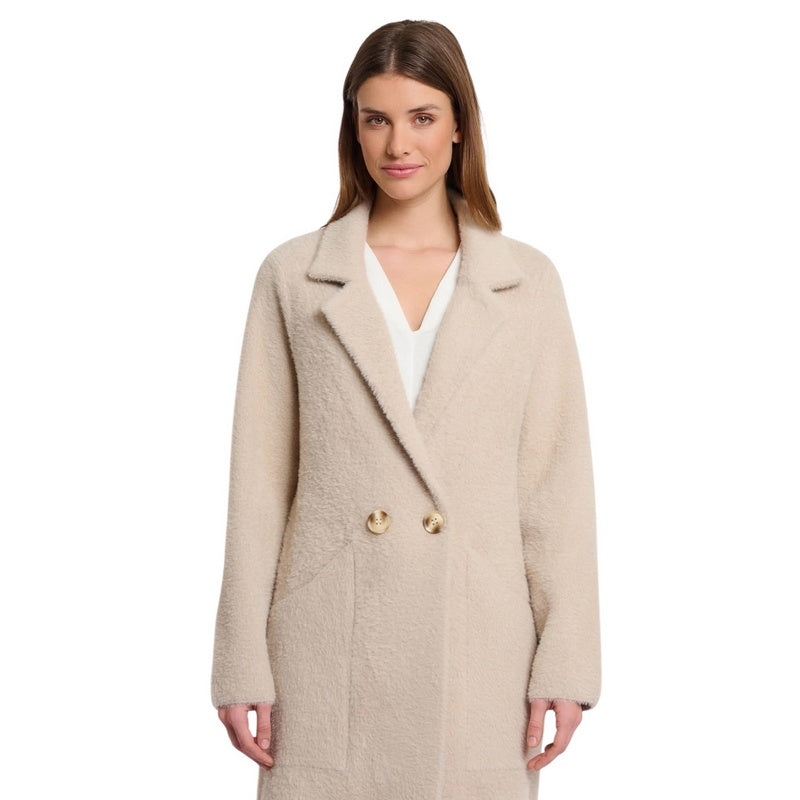 Rino & Pelle Madina Long Double Breasted Cardigan Stone on model close-up