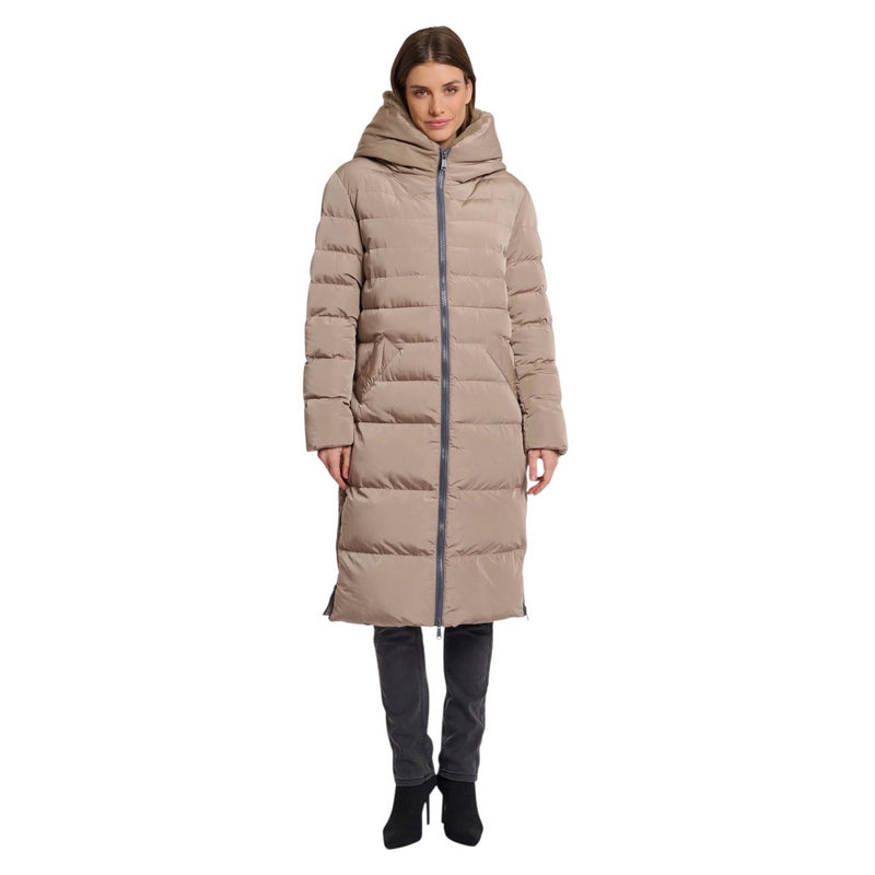 Rino & Pelle Keila Long Hooded Coat with Faux Fur Toffee on model front
